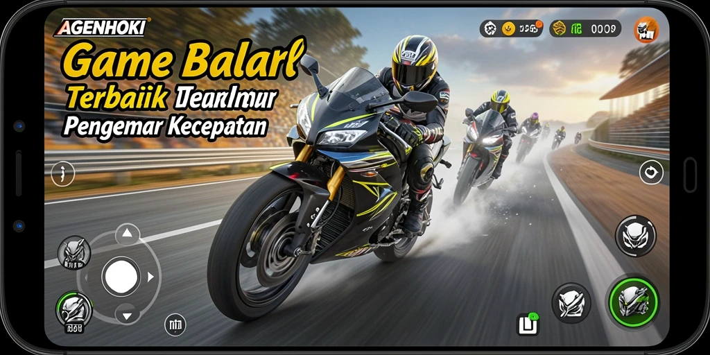 Screenshot gameplay AGENHOKI menampilkan balapan motor yang mendebarkan.