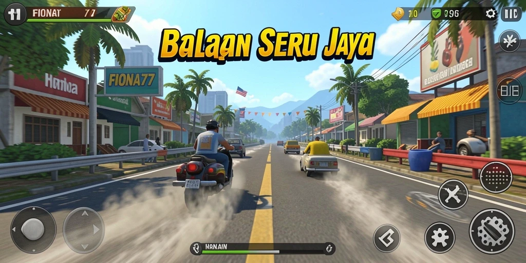 Screenshot gameplay FIONA77 menunjukkan balapan yang mendebarkan dengan grafis menawan.