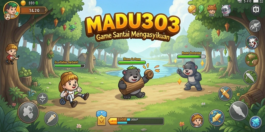 Screenshot menampilkan gameplay seru MADU303 yang penuh warna.