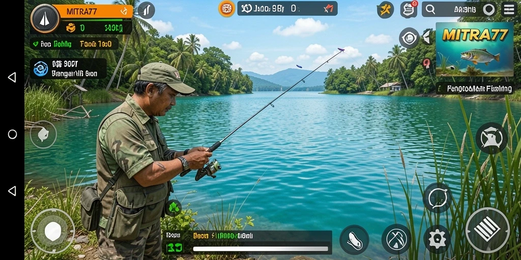 Screenshot gameplay MITRA77 menampilkan aksi memancing yang menarik.
