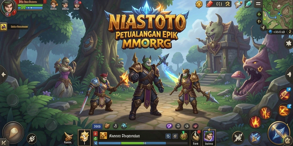 Screenshot utama NIASTOTO menunjukkan pertempuran seru dalam MMORPG.
