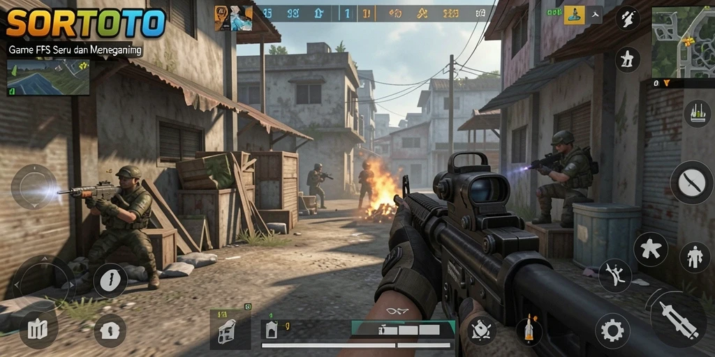Screenshot gameplay SORTOTO dengan aksi tembak-menembak yang mendebarkan.