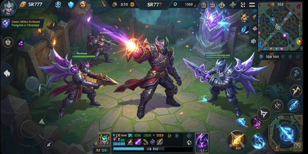 Gameplay SR777 yang seru dalam pertempuran MOBA.