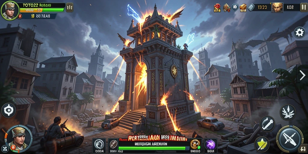 Gameplay TOTO22 menampilkan pertahanan menara yang strategis dan mendebarkan.